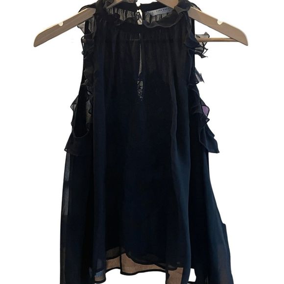 Zara Romantic Cold Shoulder Embroidered Chiffon Ruffle Top Sz. Medium - Picture 2 of 8